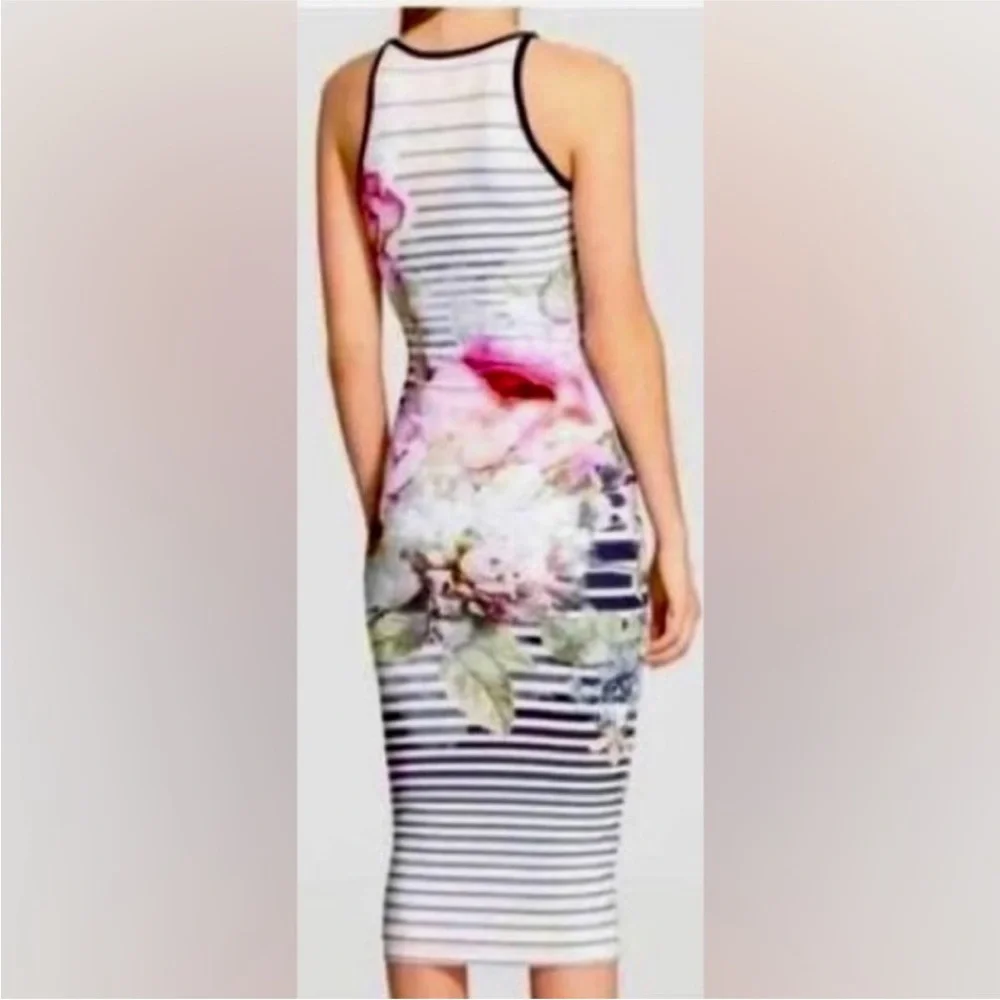 TED Baker Laya Sleeveless Bodycon Midi Dress size 1 (US 2-4). Floral & stipe - Picture 2 of 10